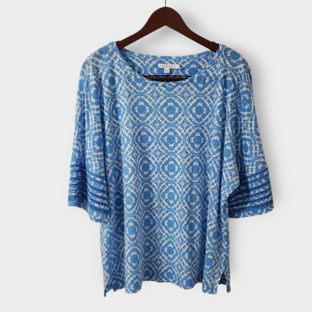Chico's Blue Geo Print Linen Dolman Top Sz 3 (XL) Summer Coastal Beachy Casual